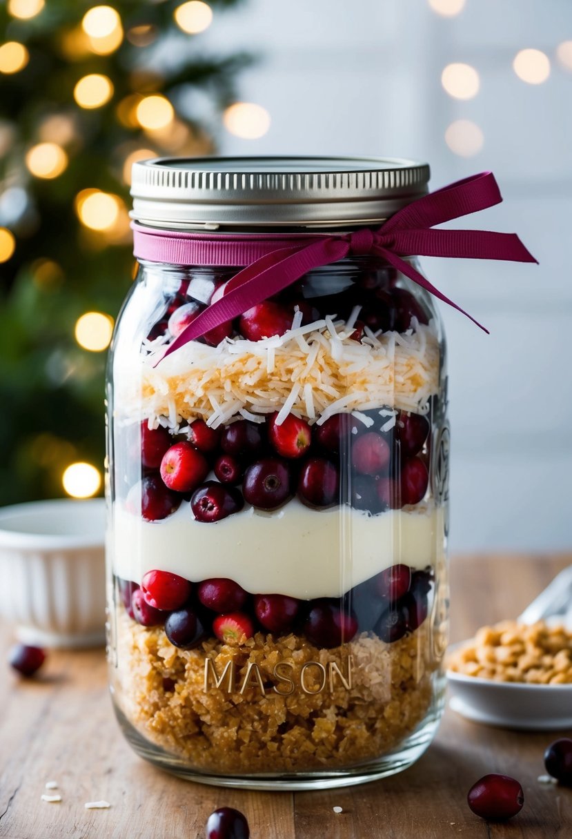 A mason jar filled with layers of cranberries, shredded coconut, and cookie ingredients, sealed with a lid and tied with a ribbon