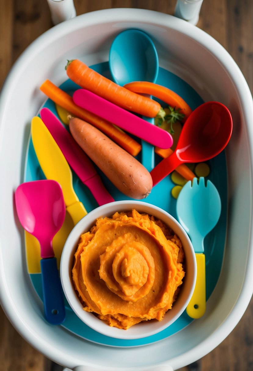 A bowl of mashed sweet potato and carrot, surrounded by colorful baby utensils and a high chair