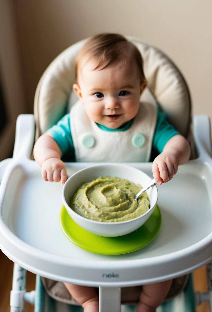 A small bowl of creamy green spinach and potato puree sits on a high chair tray, ready for a 10-month-old baby to enjoy