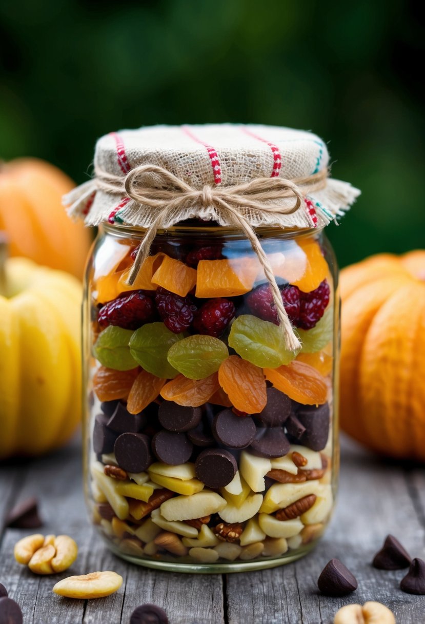 A mason jar filled with colorful layers of nuts, dried fruits, and chocolate chips, topped with a rustic fabric lid and tied with twine