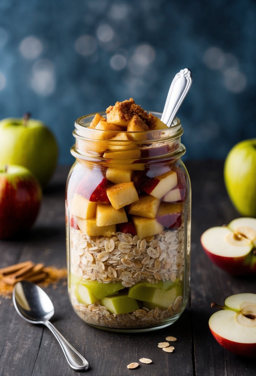 A 16-ounce mason jar filled with layers of oats, diced apples, and cinnamon, topped with a lid and a spoon beside it