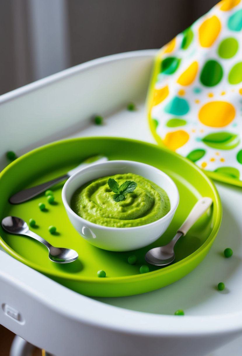 A small bowl of vibrant green pea and mint puree sits on a highchair tray, surrounded by scattered baby utensils and a cheerful bib