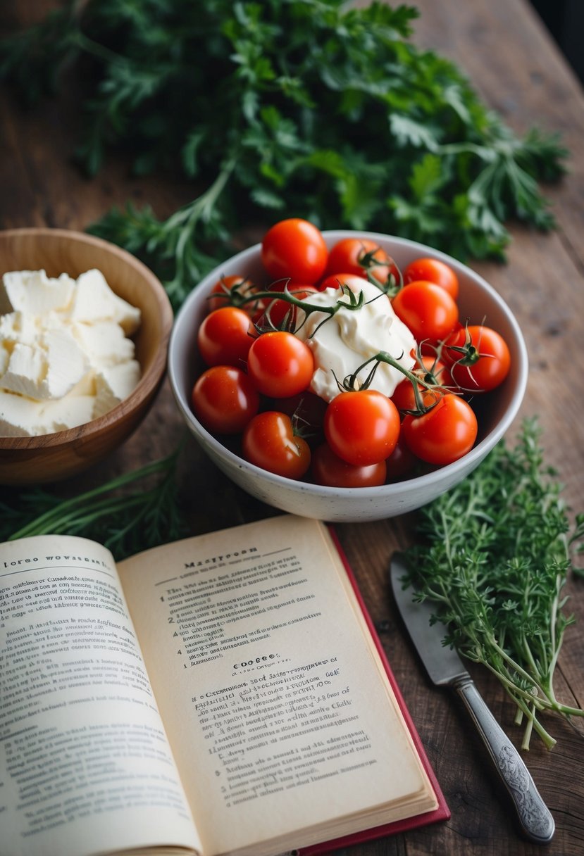 A bowl of cherry tomatoes and mascarpone cheese on a wooden table, surrounded by fresh herbs and a vintage cookbook open to a recipe page