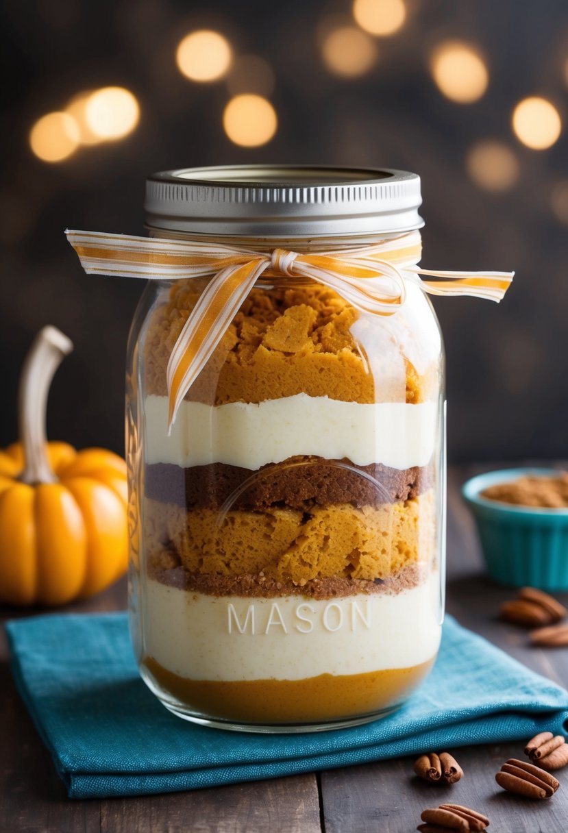 A mason jar filled with layers of pumpkin spice muffin mix, sealed with a lid and tied with a ribbon