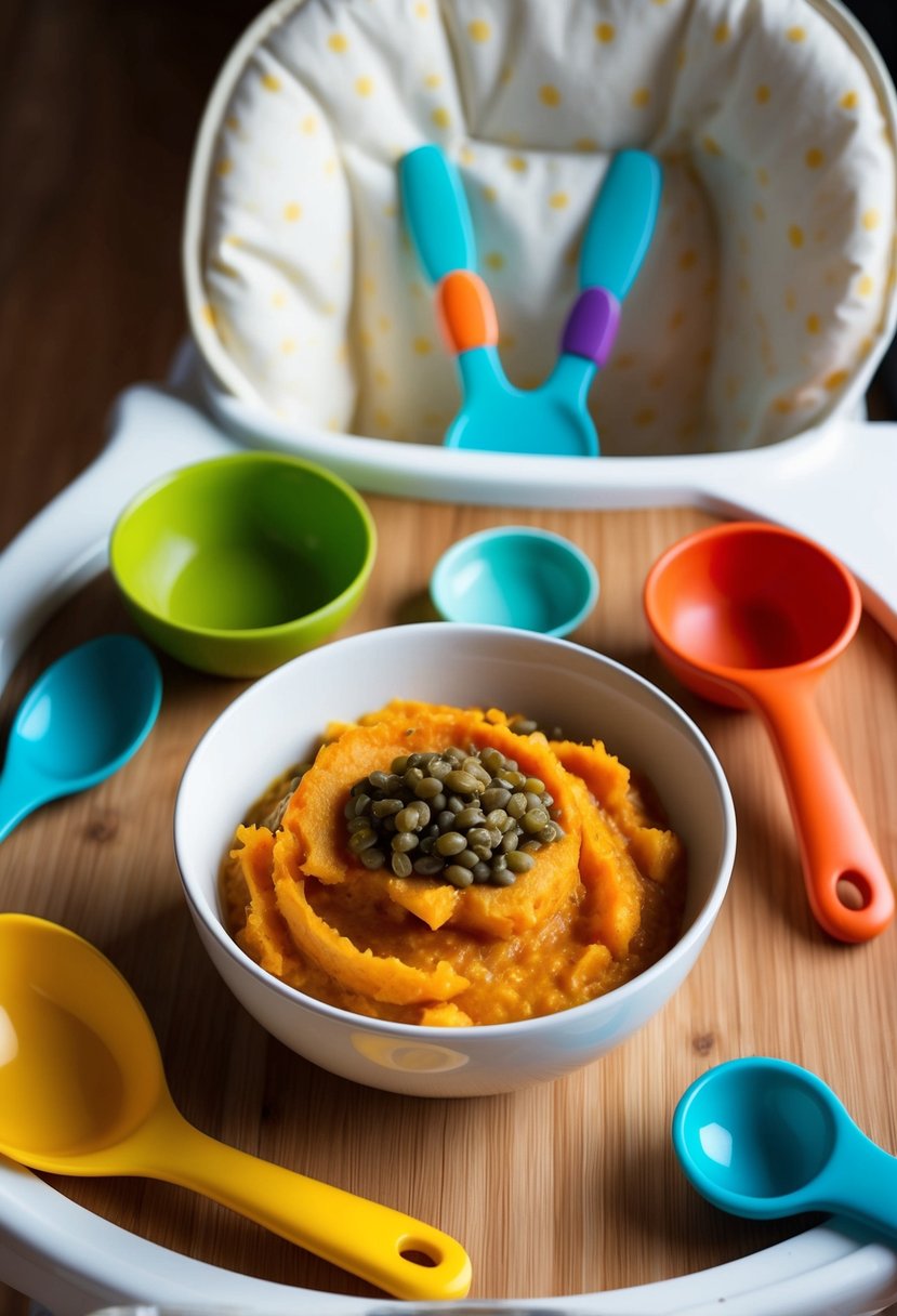 A bowl of mashed butternut squash and lentils surrounded by colorful baby-friendly utensils and a high chair