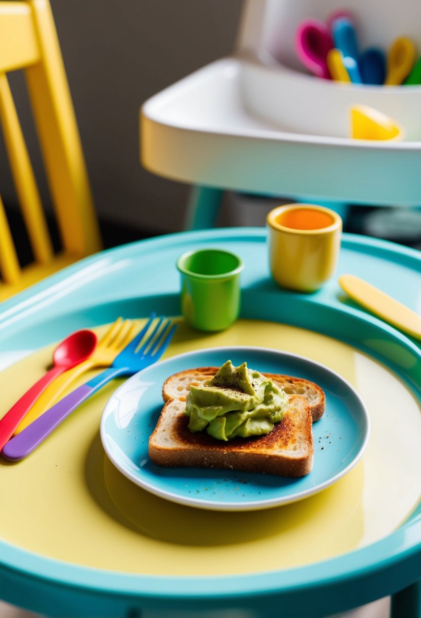 A small plate with a slice of toasted bread topped with mashed avocado and a sprinkle of seasoning, next to a colorful assortment of child-friendly utensils and a high chair