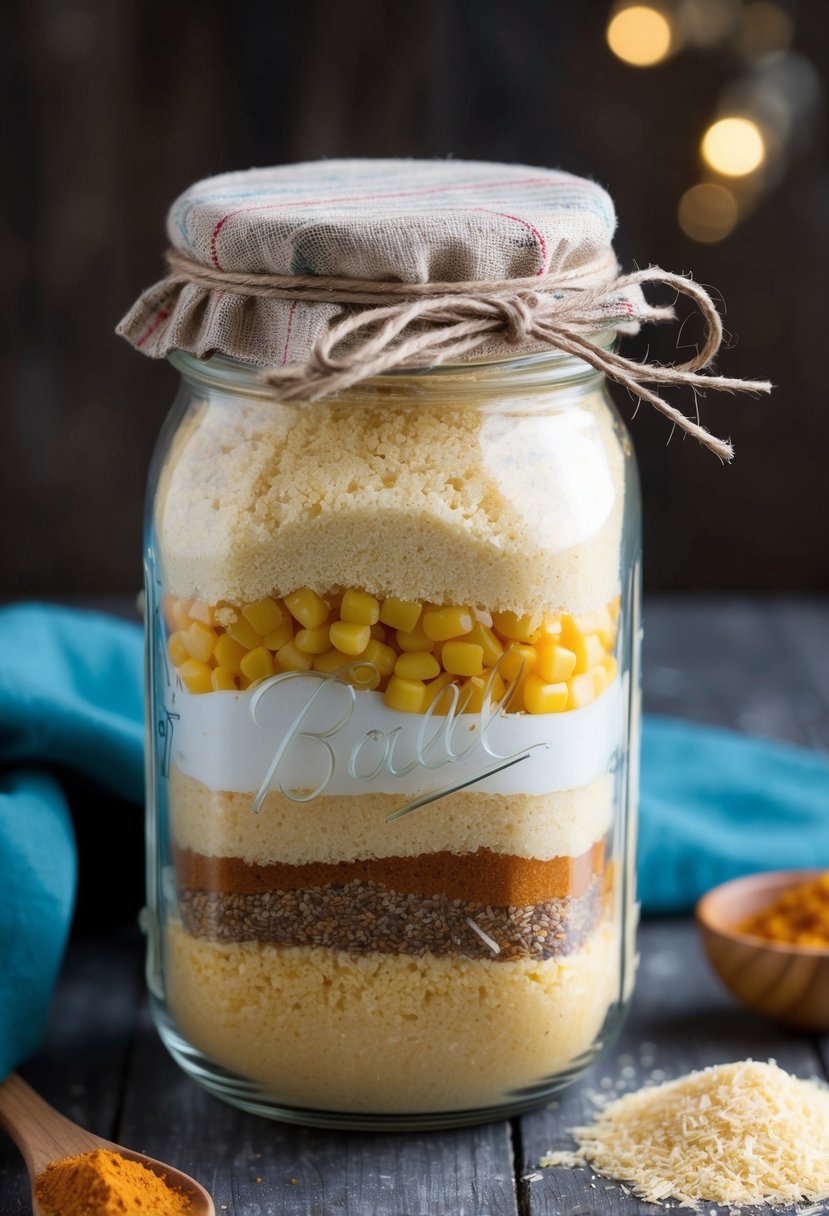 A mason jar filled with layers of cornbread mix, cornmeal, and spices, topped with a fabric lid and tied with twine