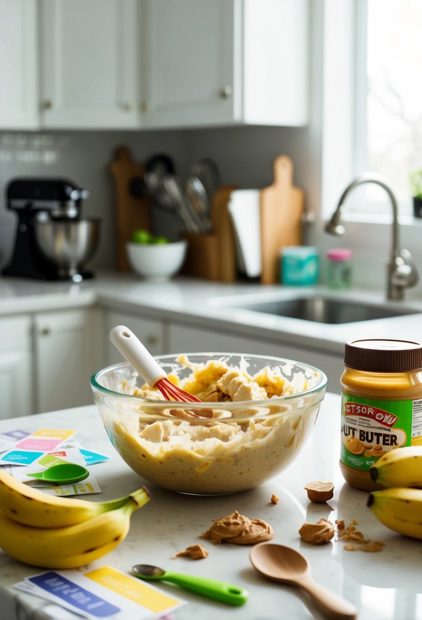 A messy kitchen counter with a mixing bowl of mashed bananas and a jar of peanut butter, surrounded by scattered recipe cards and baby utensils