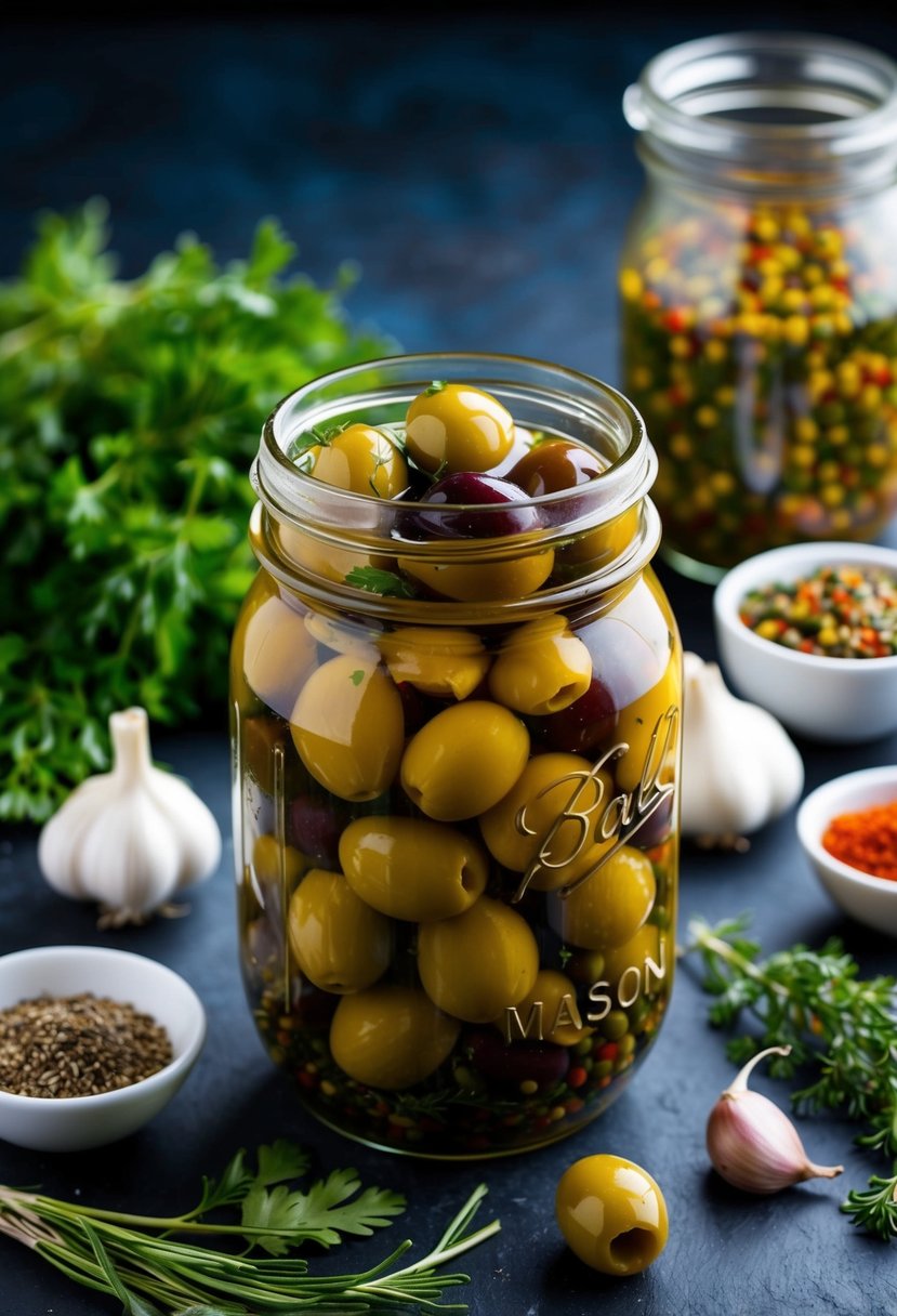 A mason jar filled with assorted Mediterranean marinated olives, surrounded by fresh herbs, garlic cloves, and colorful spices