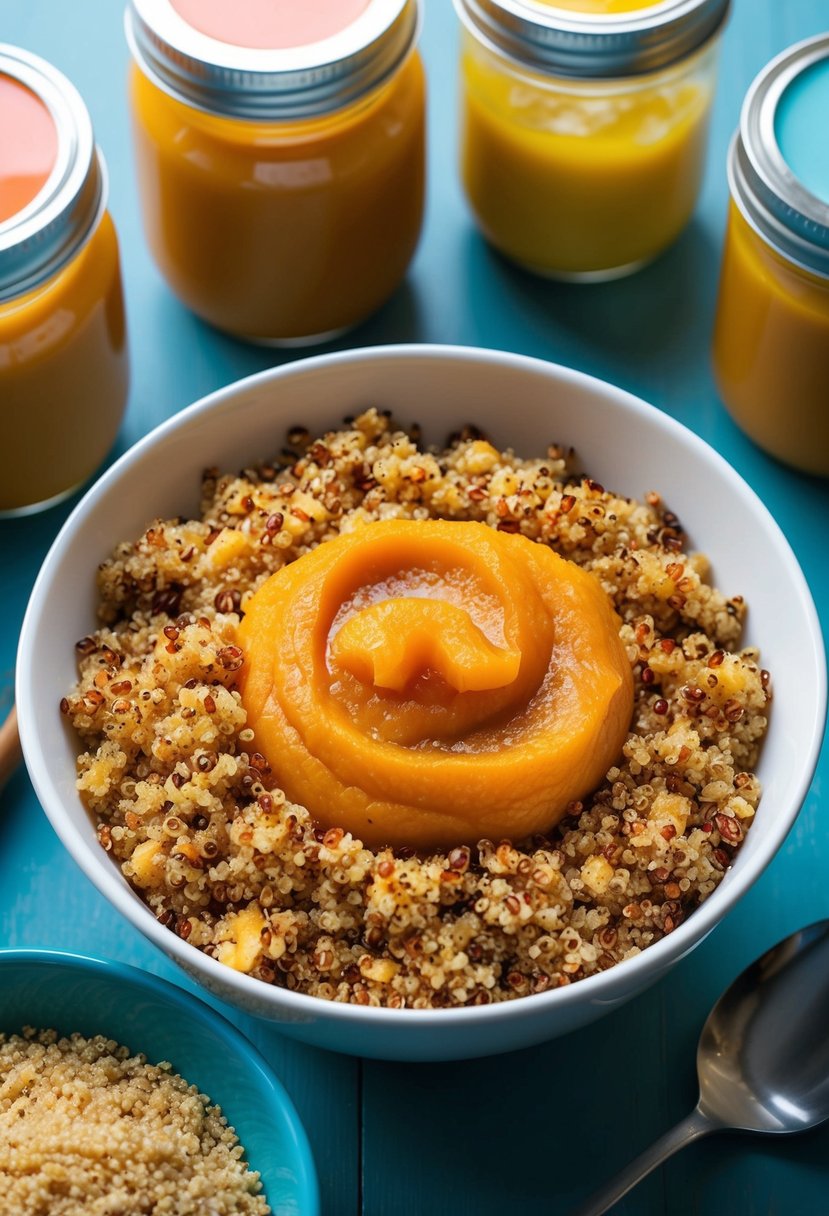 A bowl of cooked quinoa mixed with pureed pumpkin, surrounded by colorful baby food jars and a spoon