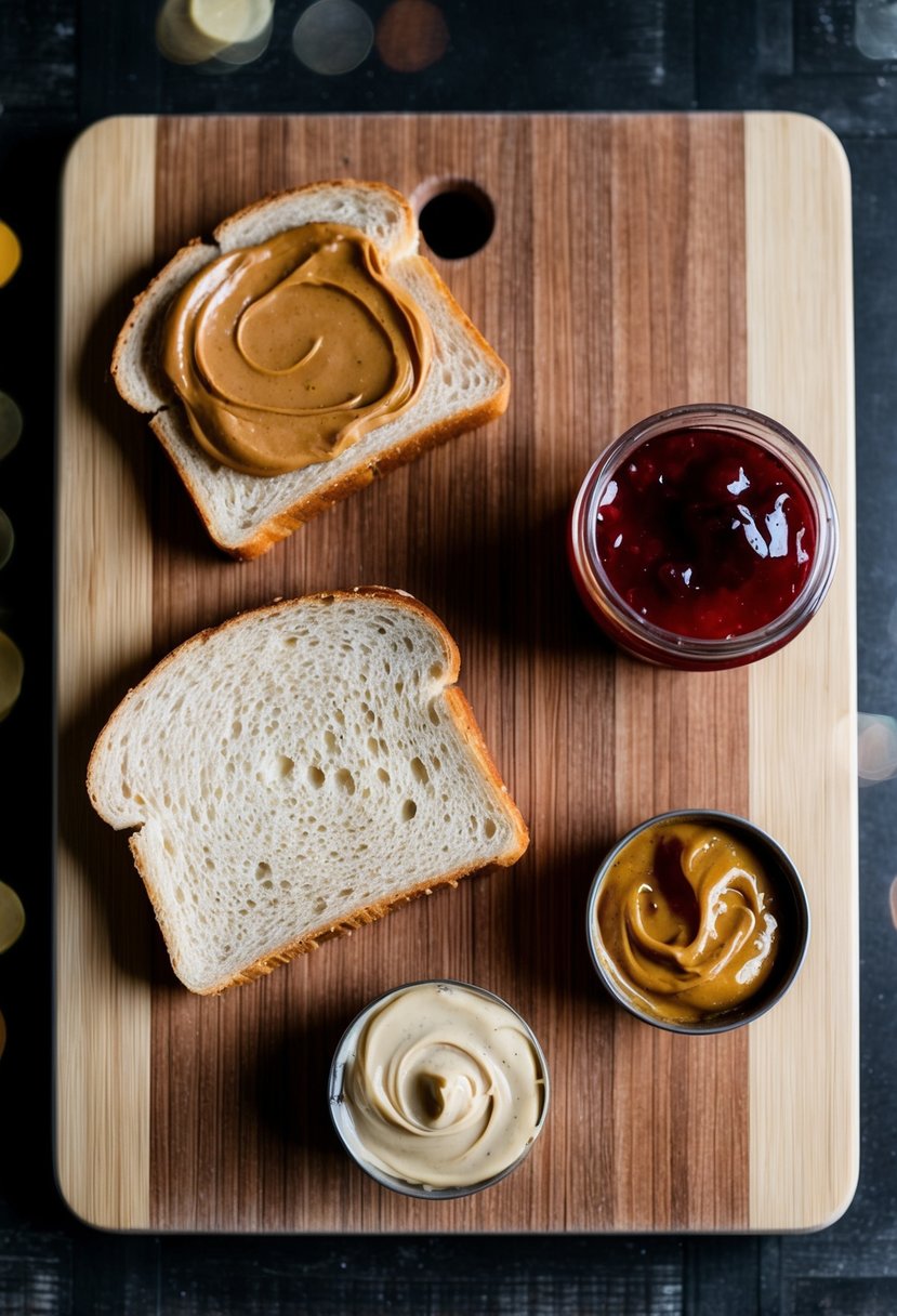 A 12-month-old recipe for a nut butter and jelly sandwich. Ingredients laid out on a wooden cutting board: bread, nut butter, and jelly