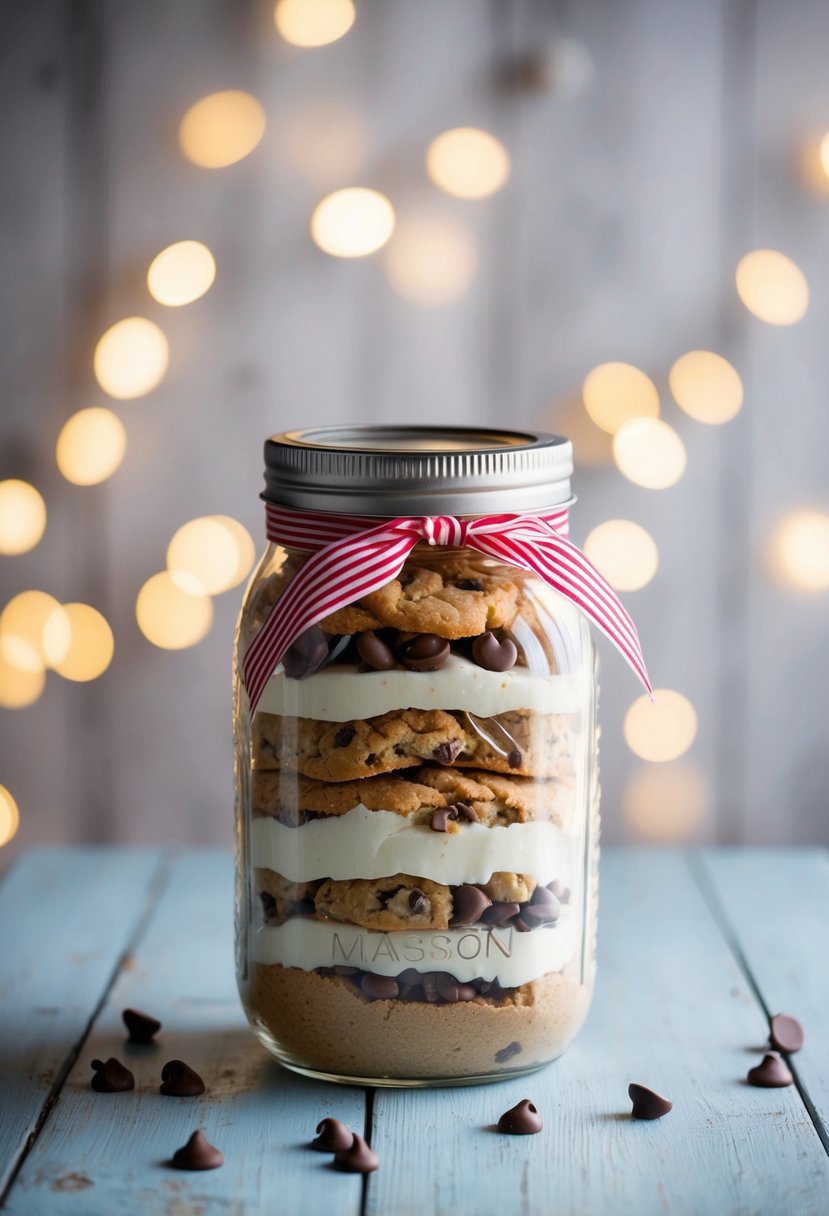 A mason jar filled with layers of chocolate chip cookie mix, sealed with a lid and tied with a ribbon