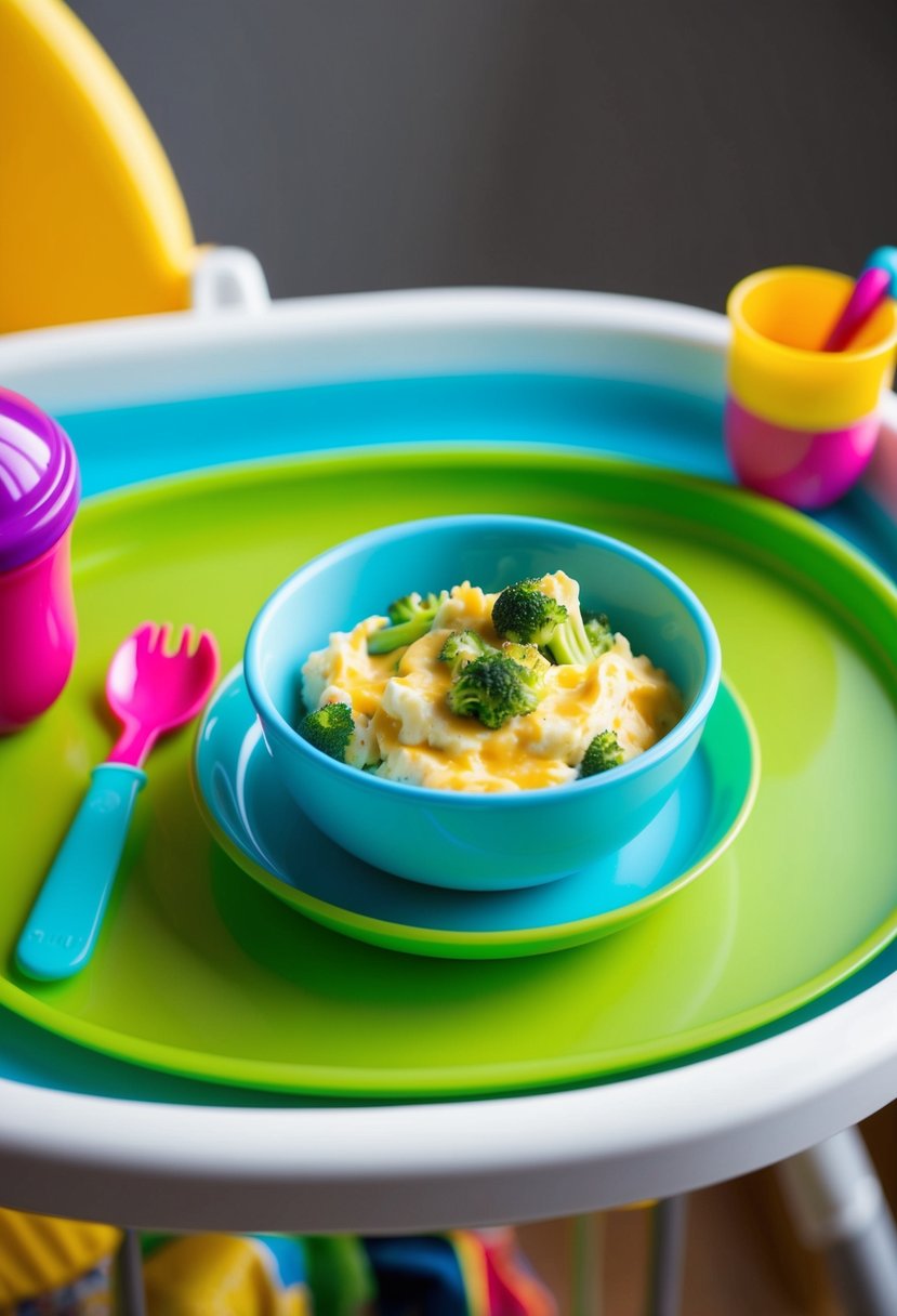 A small bowl of mashed broccoli and cheese sits on a high chair tray, surrounded by colorful baby utensils and a sippy cup