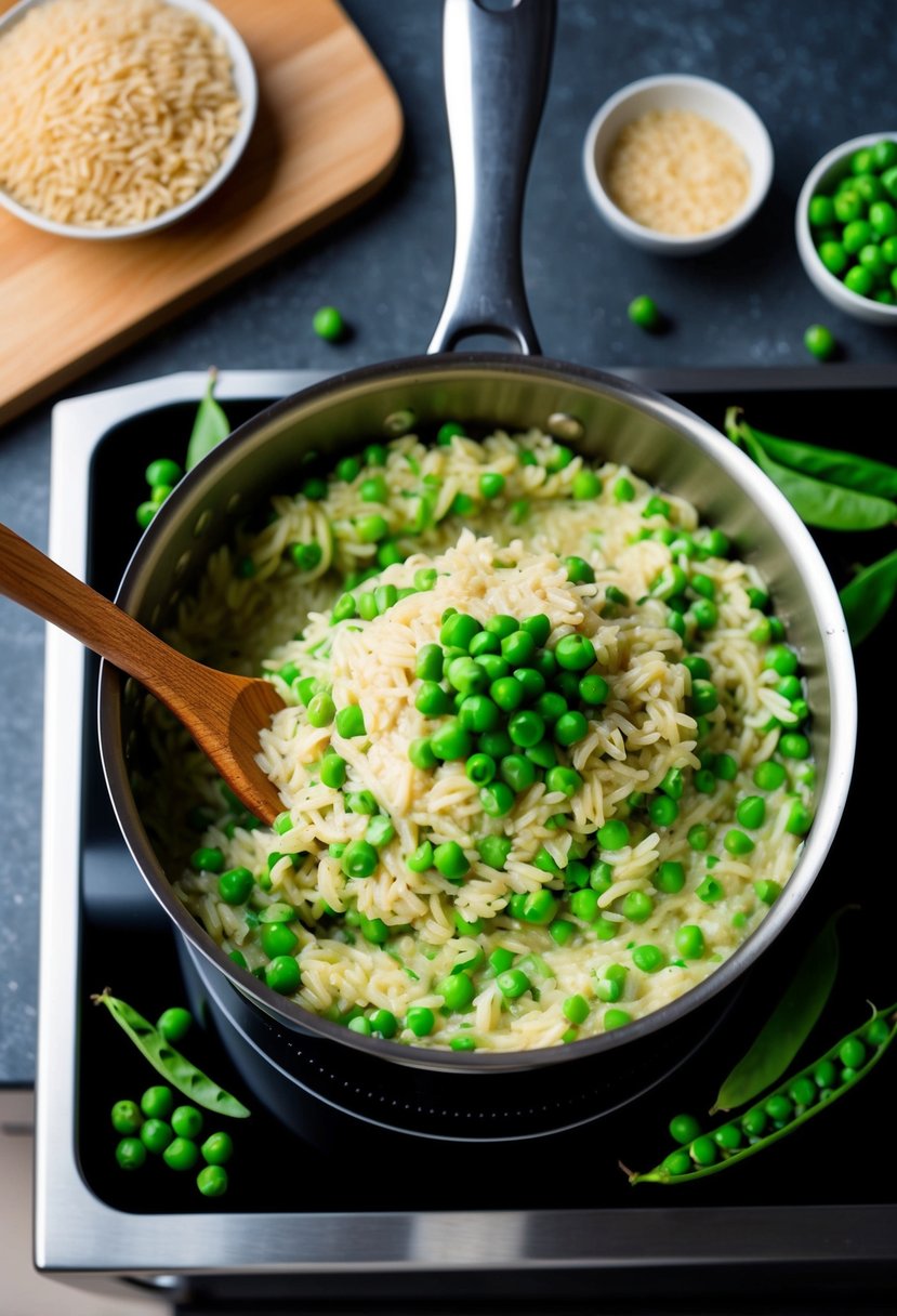 A pot of creamy green pea risotto simmering on a stovetop, surrounded by fresh peas, arborio rice, and a wooden spoon