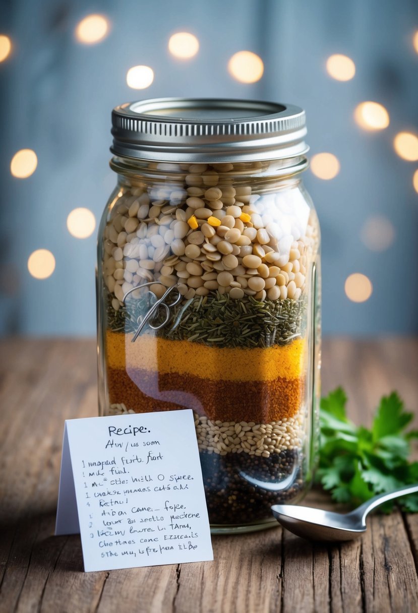 A mason jar filled with layers of lentils, spices, and dried herbs, accompanied by a small recipe card and a spoon