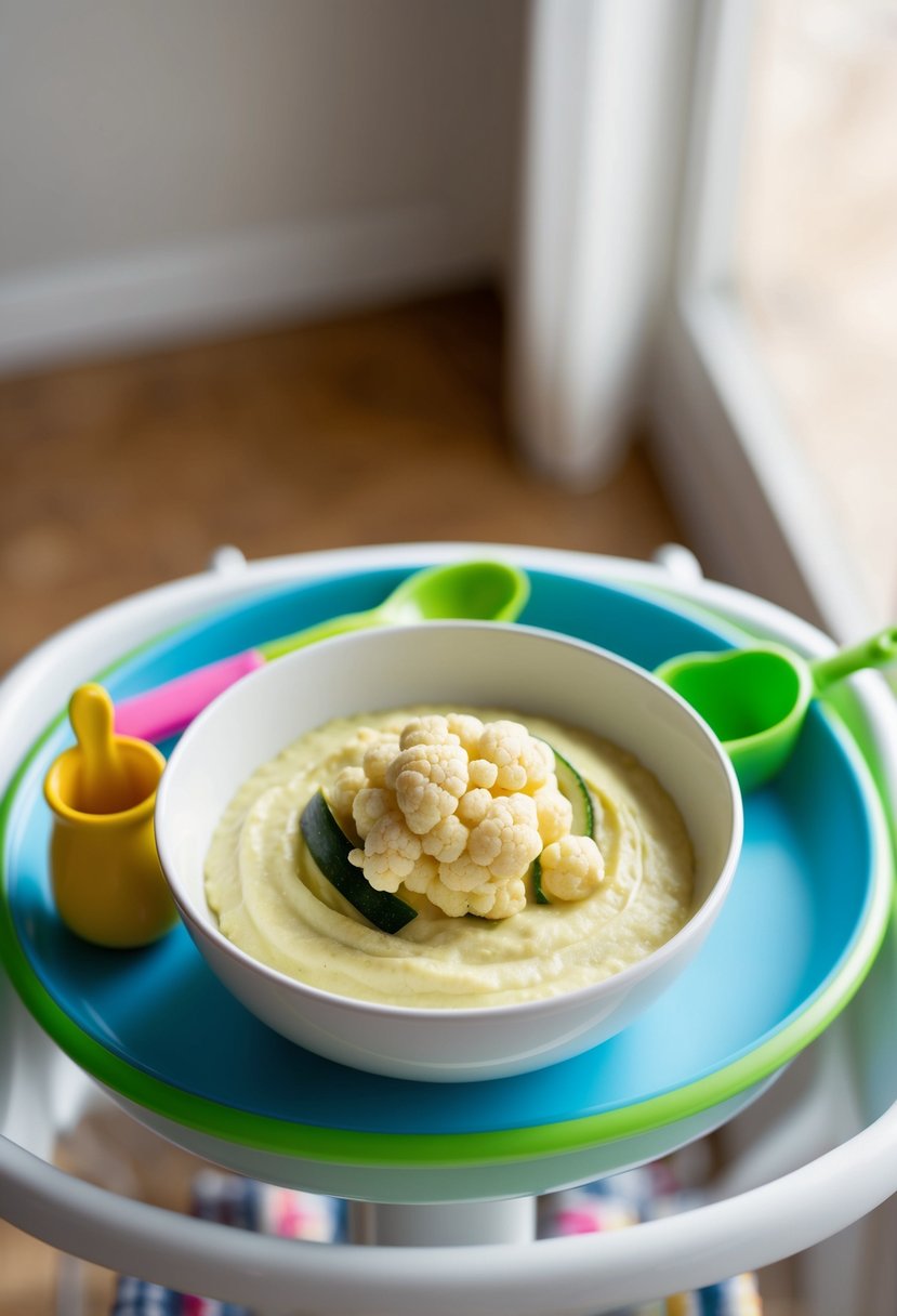 A bowl of pureed cauliflower and zucchini sits on a highchair tray, surrounded by colorful baby utensils and a bib