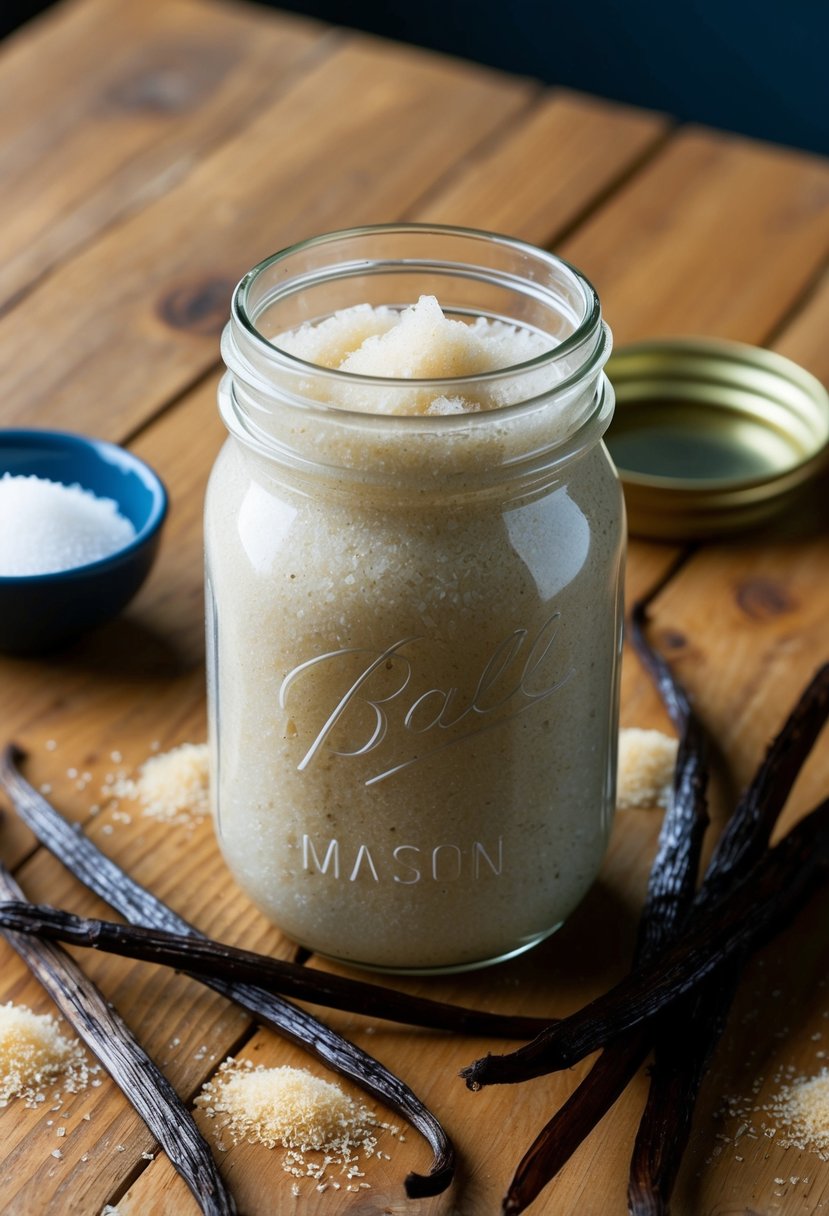 A mason jar filled with vanilla sugar scrub sits on a wooden table, surrounded by fresh vanilla beans and sugar crystals