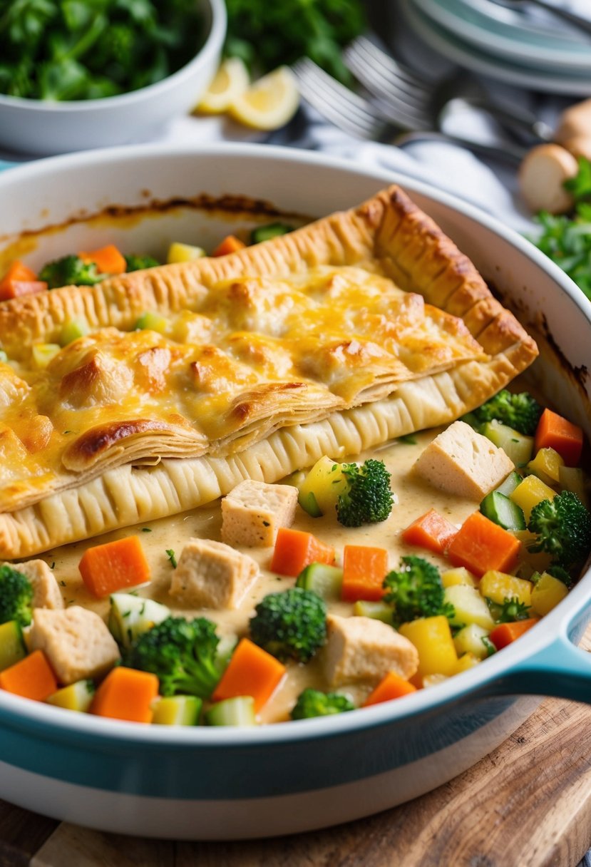 A colorful array of fresh vegetables, diced chicken, and creamy sauce filling a baking dish, topped with a golden-brown layer of flaky pastry