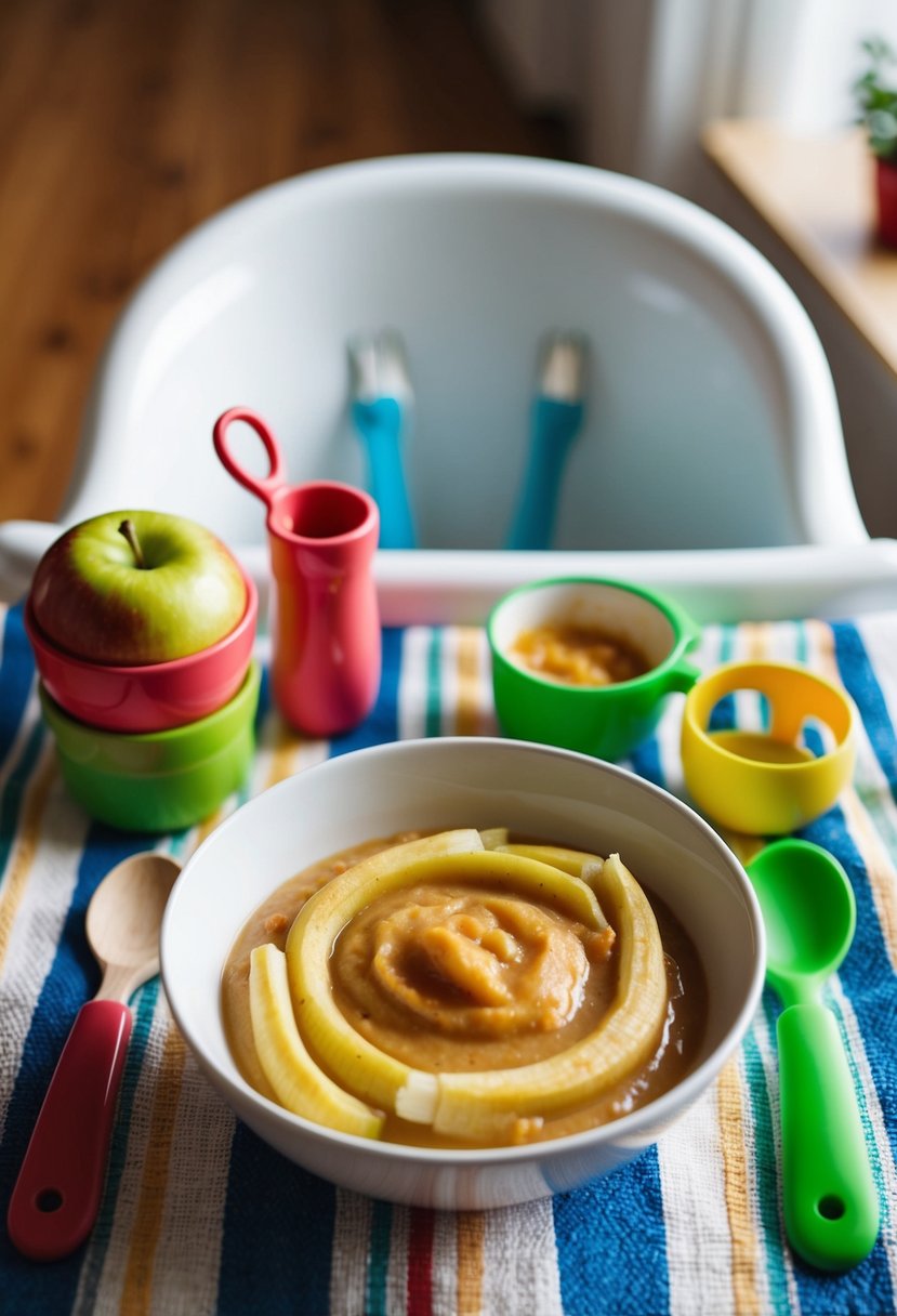 A bowl of parsnip and apple puree surrounded by colorful baby utensils and a high chair