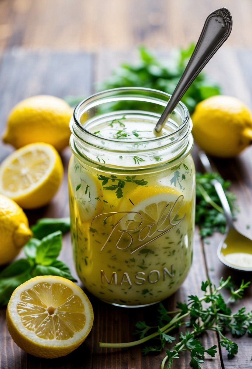 A mason jar filled with lemon herb salad dressing, surrounded by fresh lemons, herbs, and a mixing spoon on a wooden table