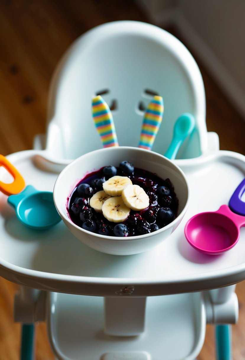 A small bowl filled with mashed blueberries and bananas, surrounded by colorful baby utensils and a high chair