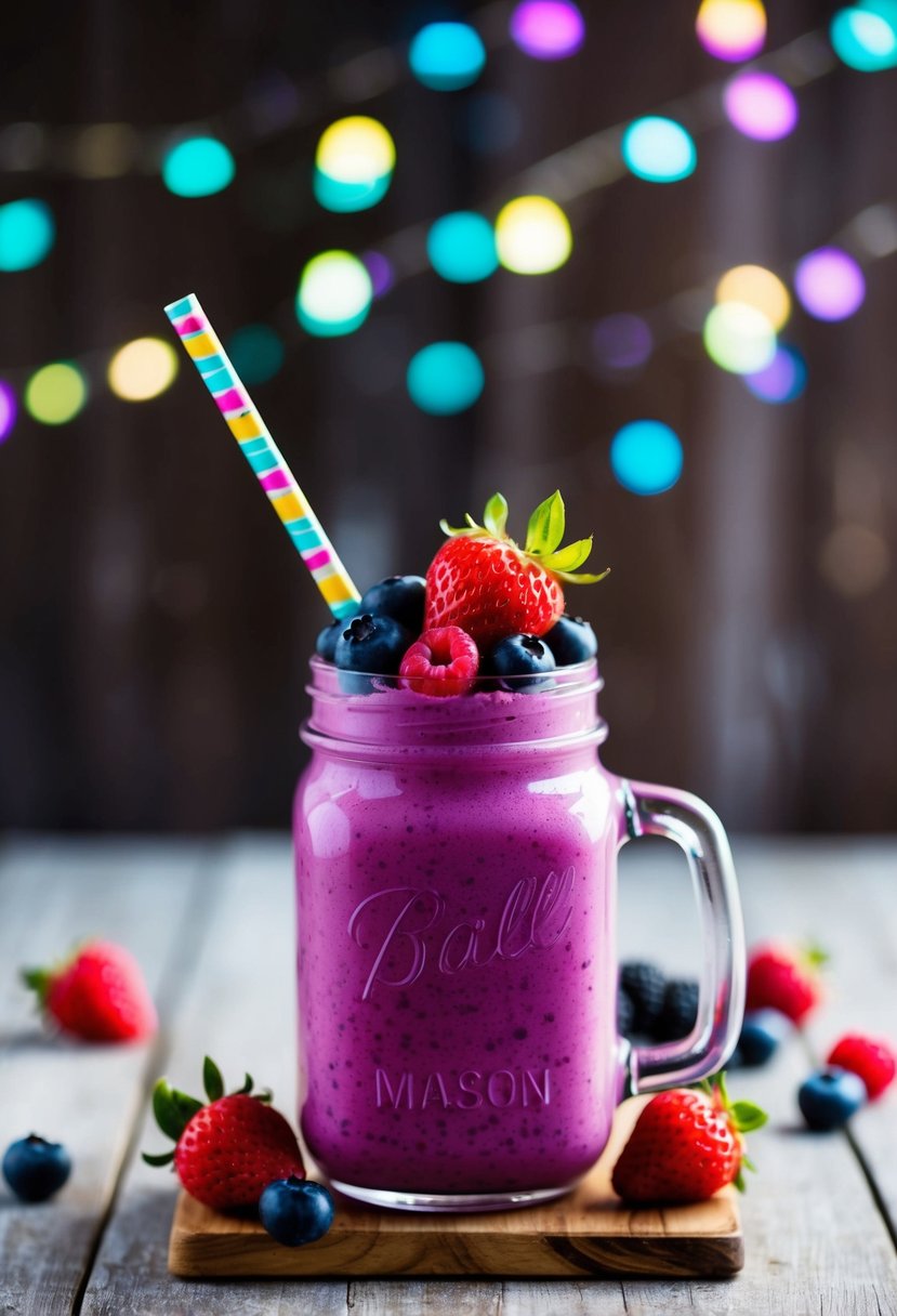 A mason jar filled with vibrant purple Berry Blast Smoothie, topped with fresh berries and a colorful paper straw