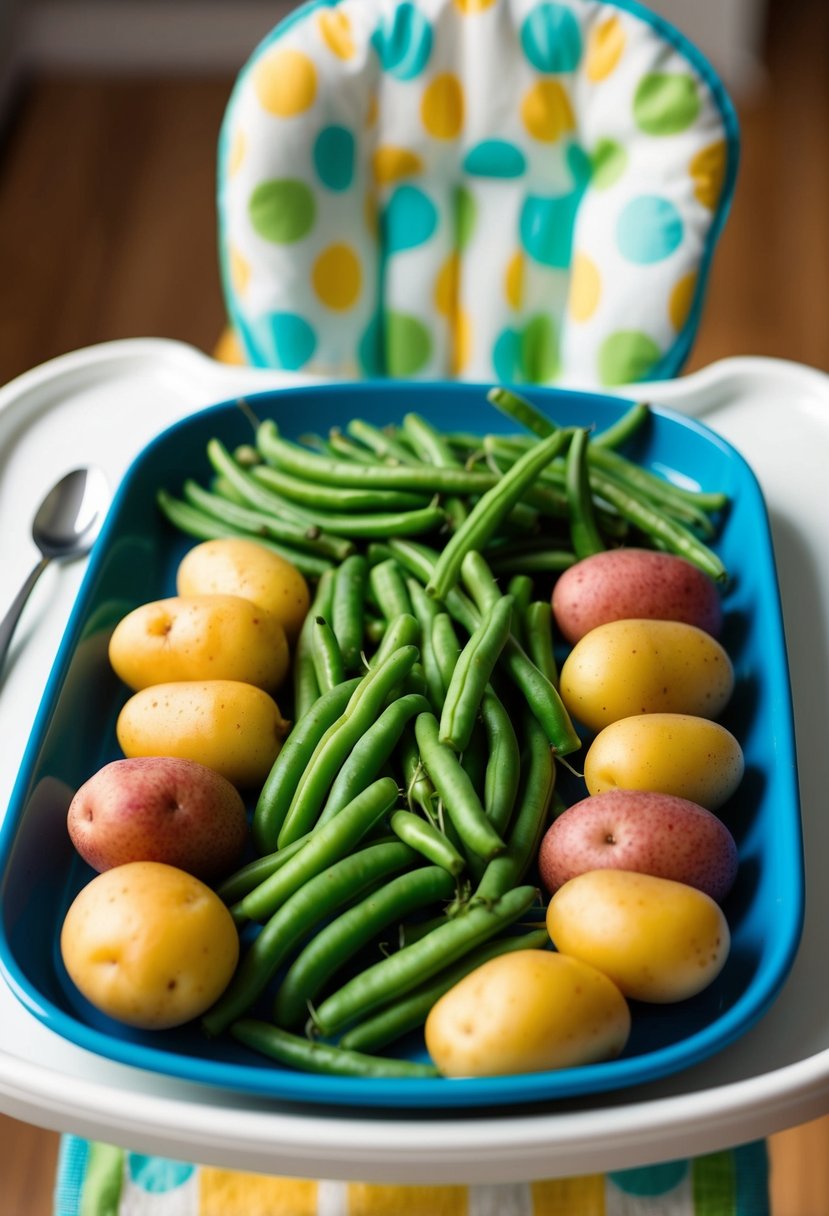 A colorful mix of green beans and potatoes arranged on a high chair tray, with a small spoon nearby