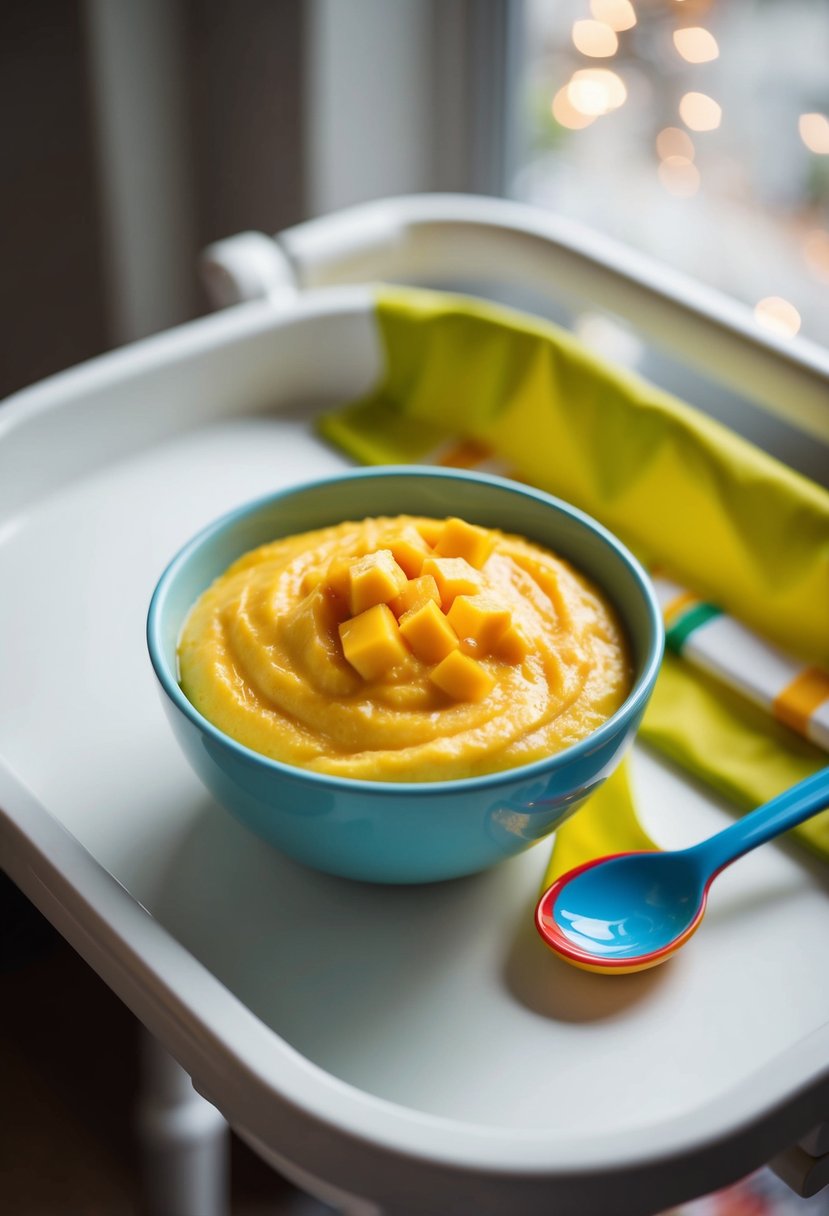 A bowl of mango and coconut puree sits on a high chair tray, with a colorful spoon beside it