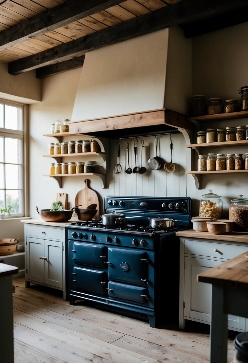 A rustic kitchen with vintage cookware, a wood-burning stove, and shelves lined with jars of preserved ingredients