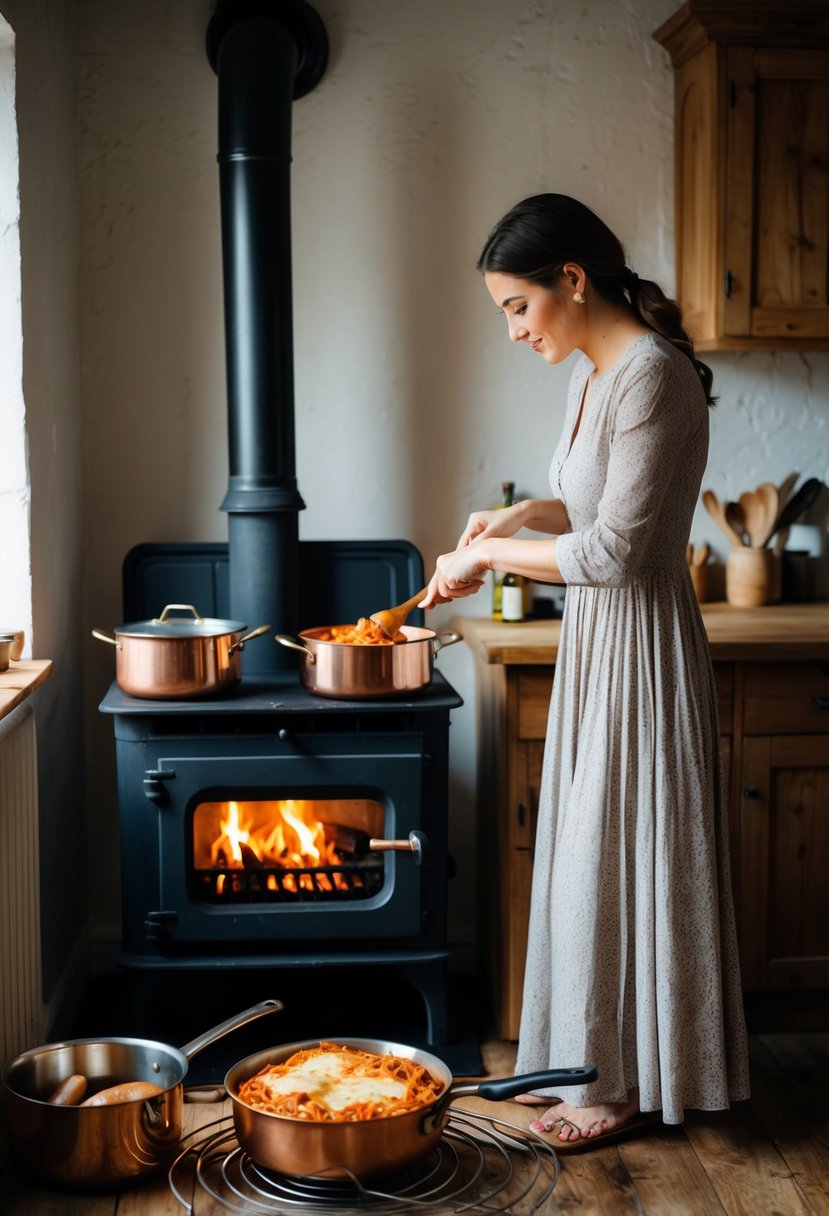 A rustic kitchen with a wood-burning stove, copper pots, and a woman in a long dress preparing baked ziti with sausage