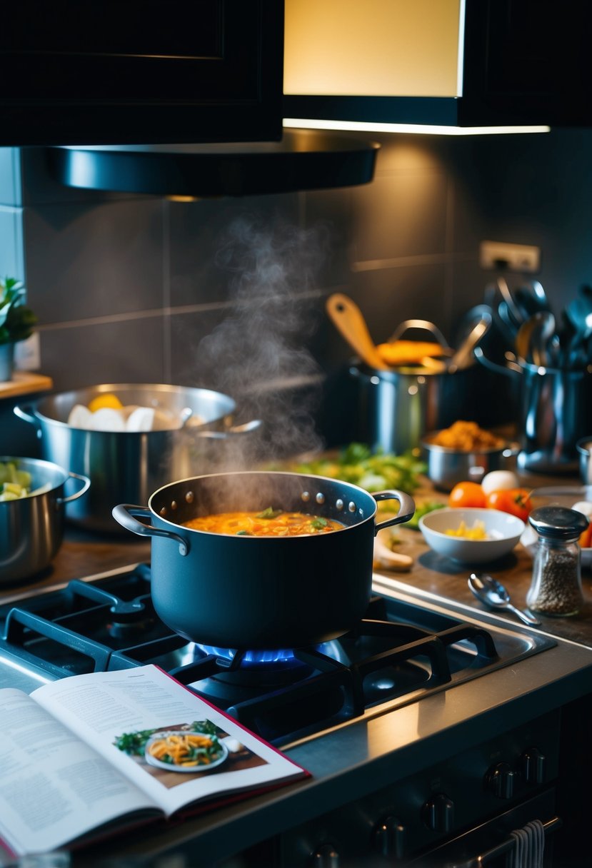 A dimly lit kitchen with scattered ingredients and cookware, a pot simmering on the stove, and a cookbook open to a recipe