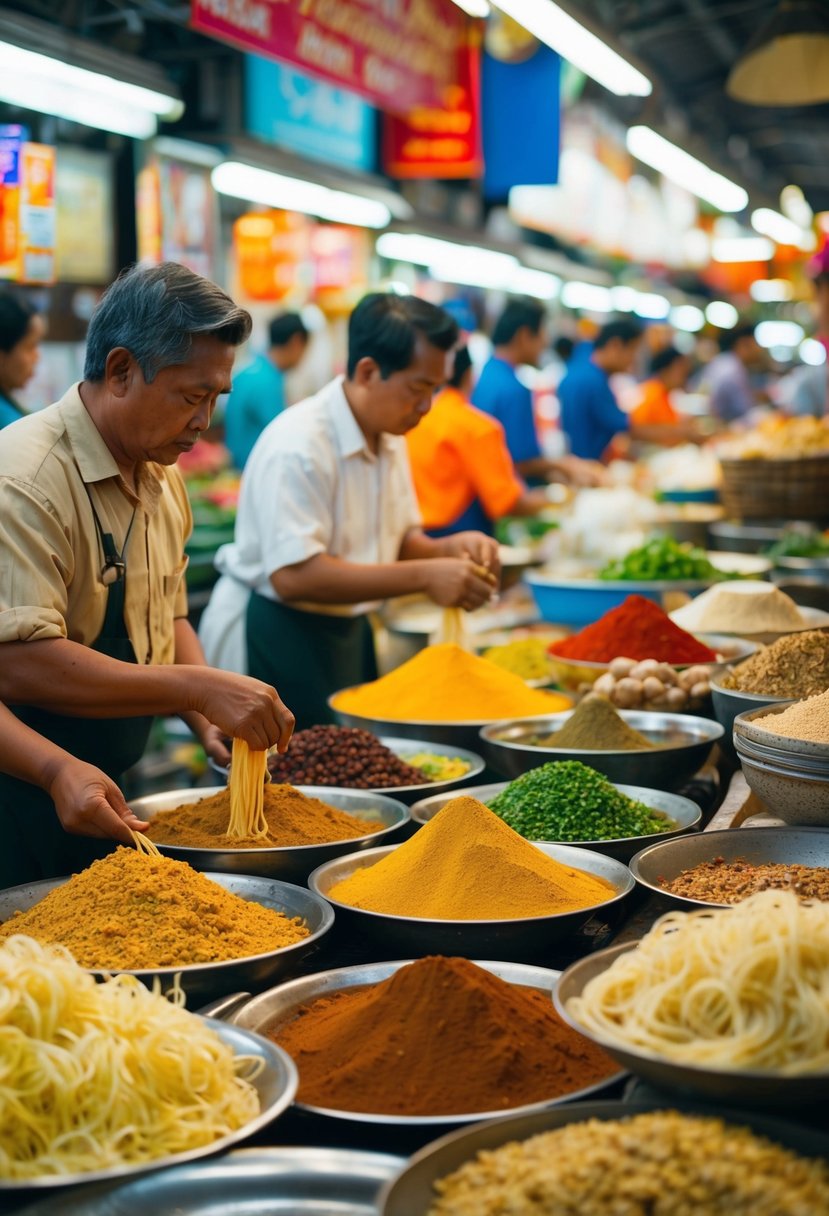 A bustling 1800s Thai marketplace with vendors selling fragrant spices and fresh noodles