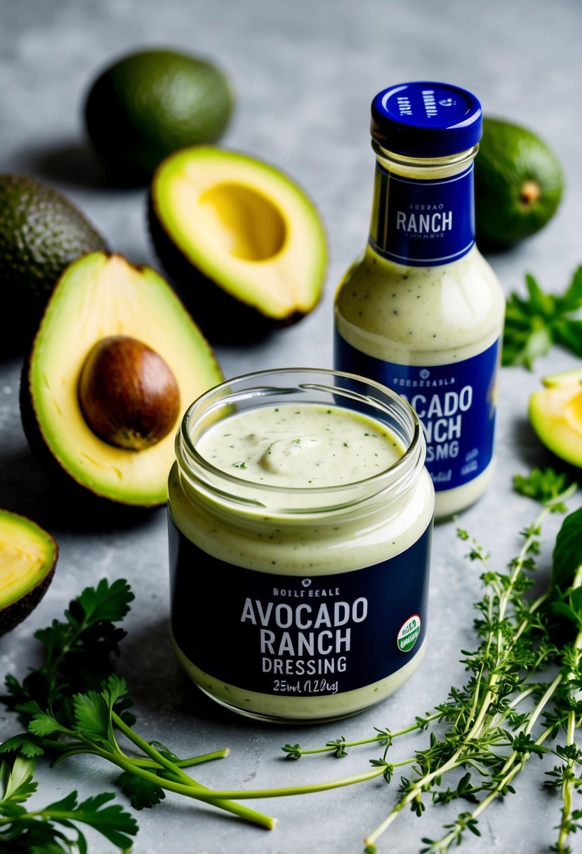 A jar of avocado ranch dressing surrounded by fresh avocados, herbs, and a bottle of ranch dressing at 2am