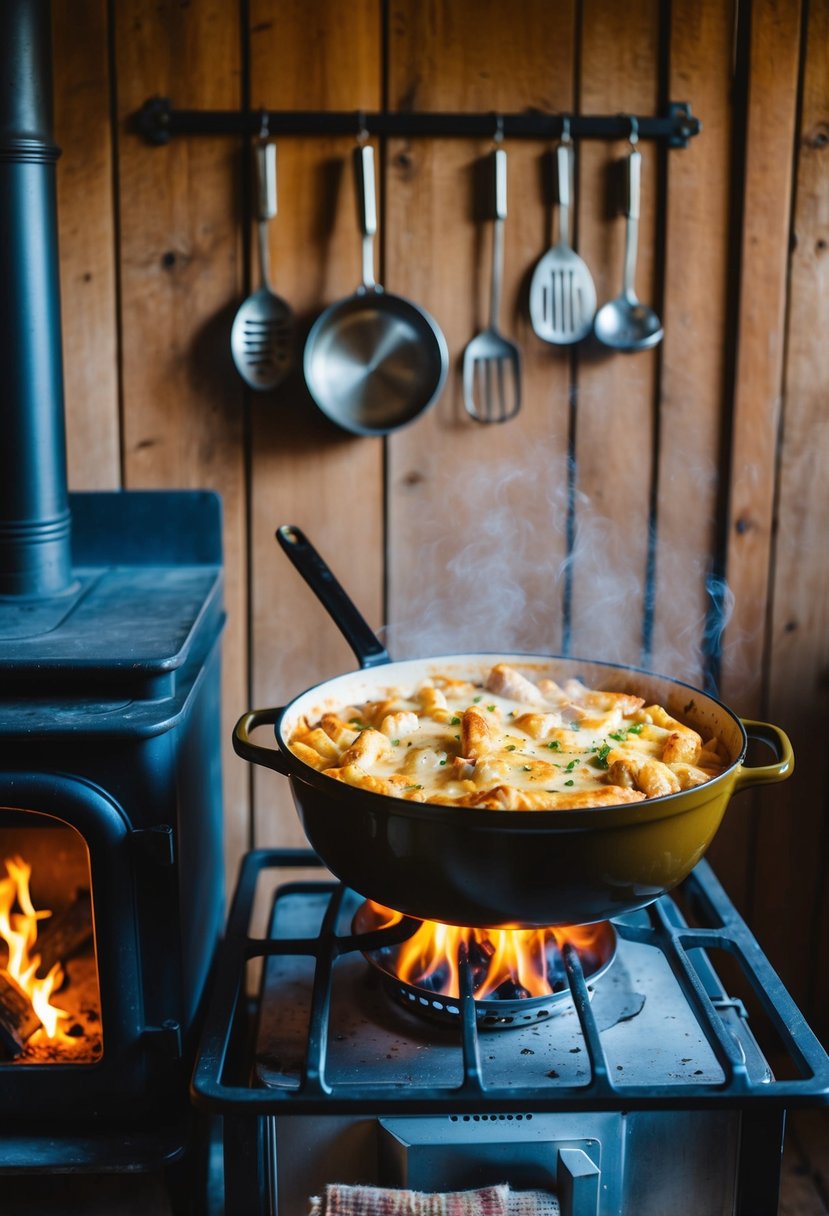 A rustic kitchen with a wood-burning stove, a large pot of creamy chicken alfredo pasta bake bubbling on the fire, vintage utensils hanging on the wall