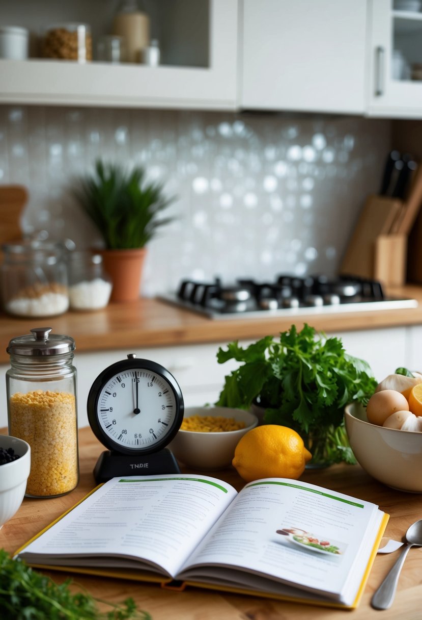 A cluttered kitchen counter with ingredients, a timer, and a cookbook open to a 15-minute recipe