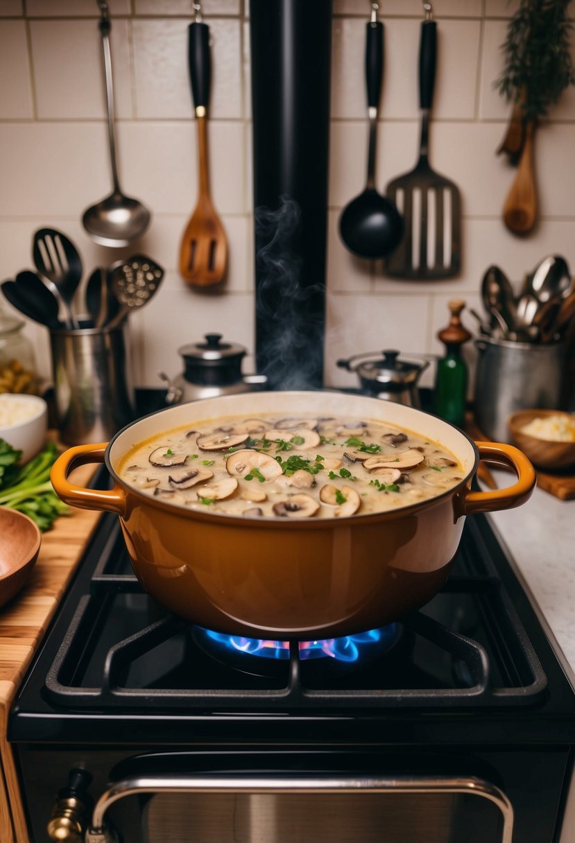 A rustic kitchen with a bubbling pot of Vegan Mushroom Stroganoff on a wood-burning stove, surrounded by vintage cooking utensils and ingredients