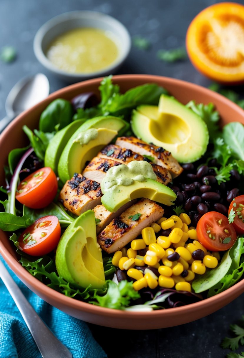 A colorful bowl filled with mixed greens, grilled chicken, corn, black beans, tomatoes, avocado, and a zesty Southwest dressing