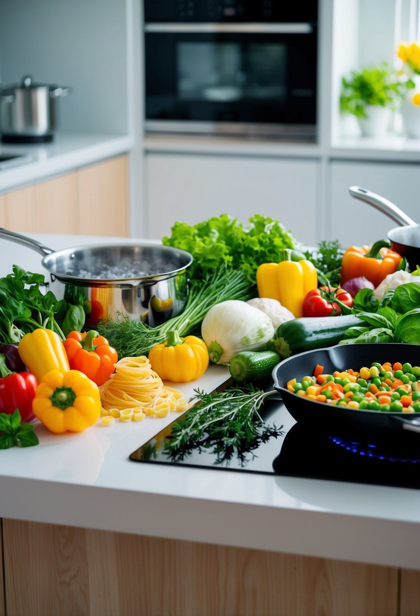 A colorful array of fresh vegetables, pasta, and herbs arranged on a clean, modern kitchen counter. A pot of boiling water and a skillet sit ready for use