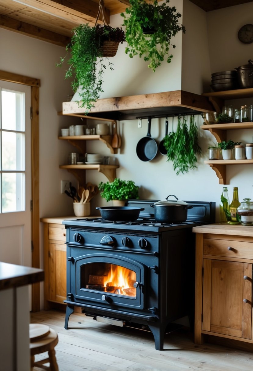 A rustic kitchen with a wood-burning stove, a cast iron skillet, and fresh herbs hanging from the ceiling