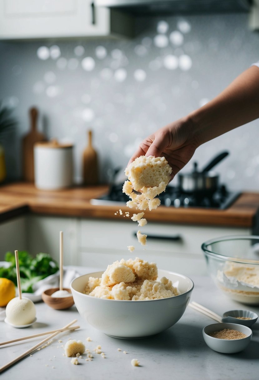 A kitchen counter with leftover cake being crumbled into a bowl, surrounded by ingredients and cake pop sticks