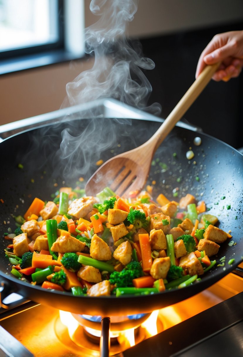 A sizzling wok filled with colorful vegetables and chunks of chicken being stir-fried over a high flame. The steam rises as the ingredients are tossed together with a wooden spatula