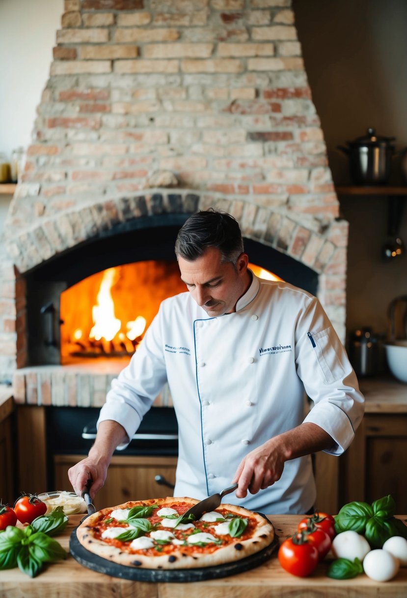 A rustic kitchen with a wood-fired oven, a chef preparing a classic Margherita pizza, surrounded by fresh ingredients like tomatoes, mozzarella, and basil