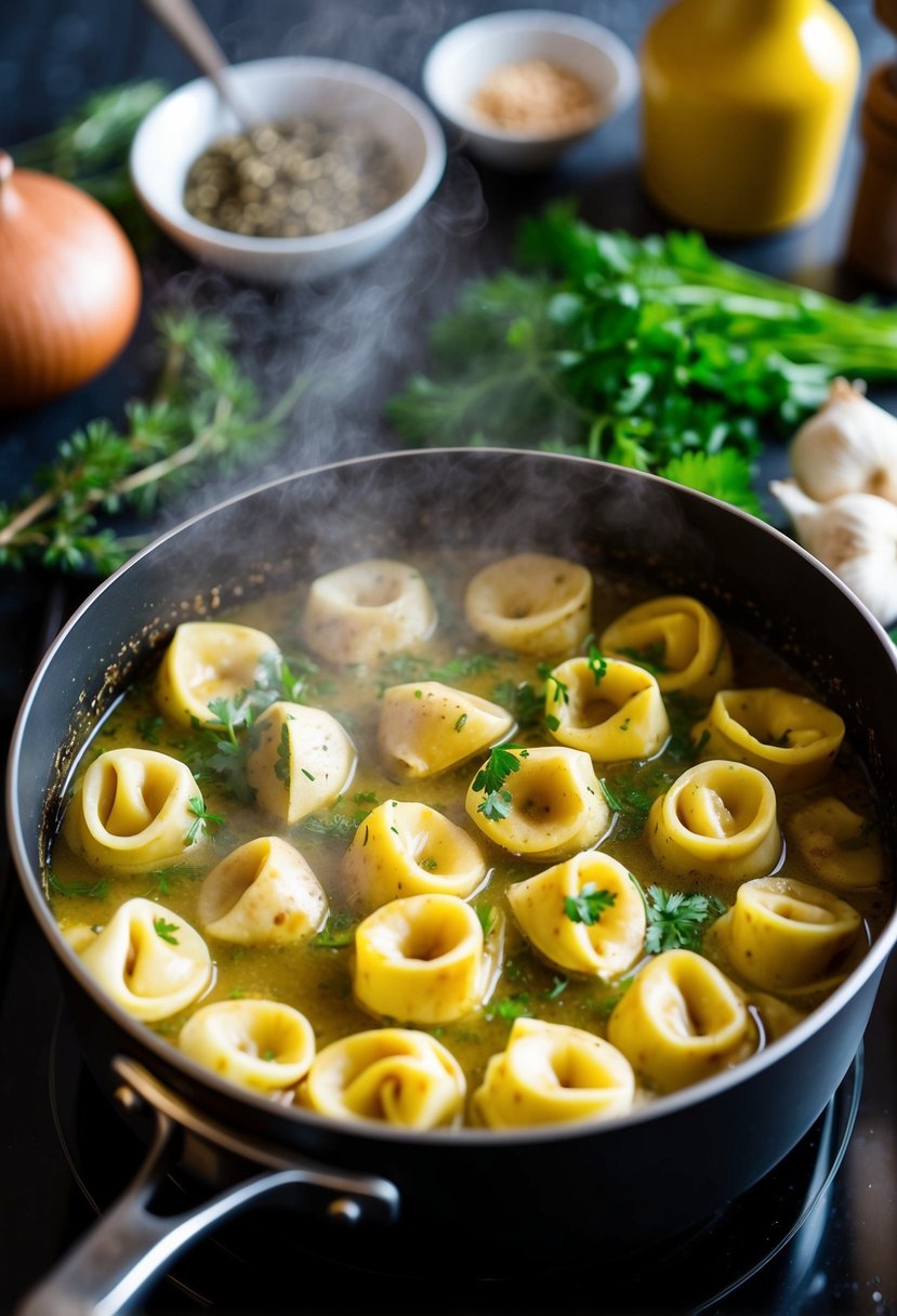 A steaming pot of Tuscan chicken tortellini simmering on a stove, surrounded by fresh ingredients and herbs