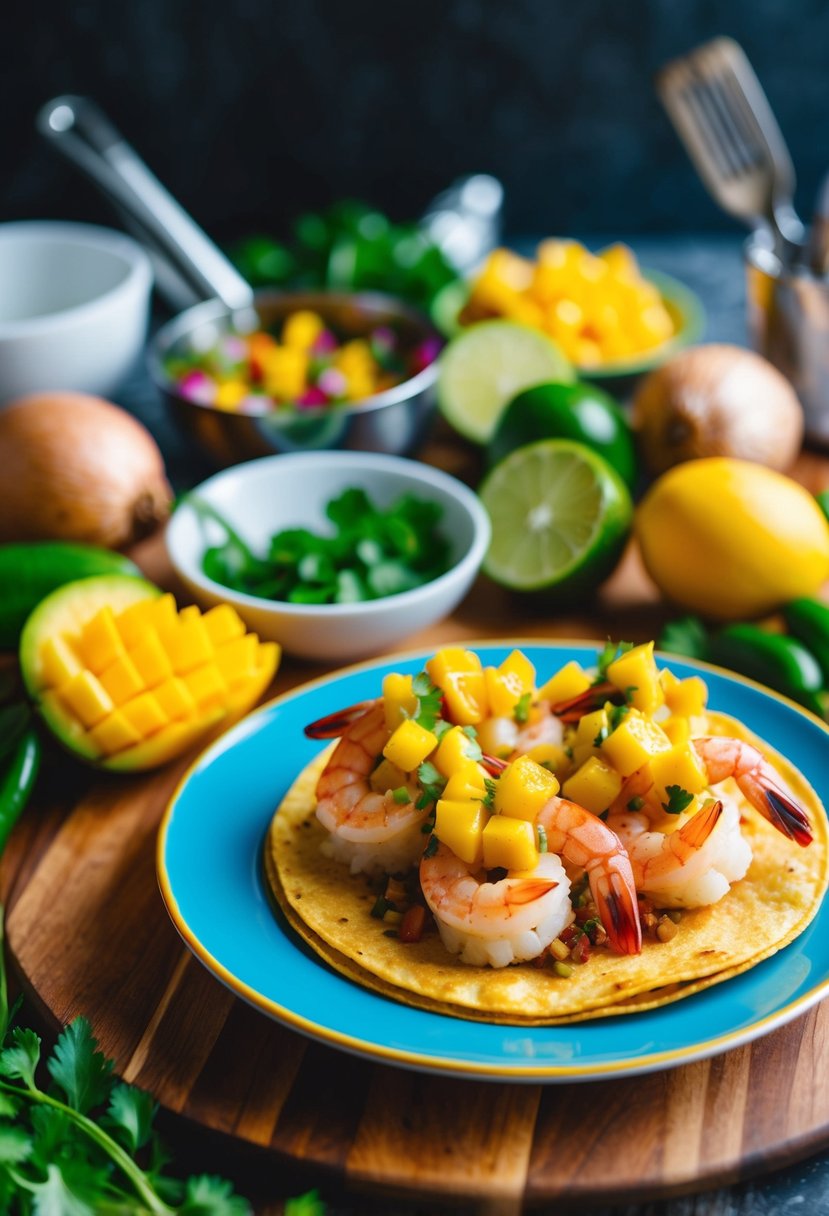 A colorful plate of shrimp tacos topped with vibrant mango salsa, surrounded by fresh ingredients and cooking utensils