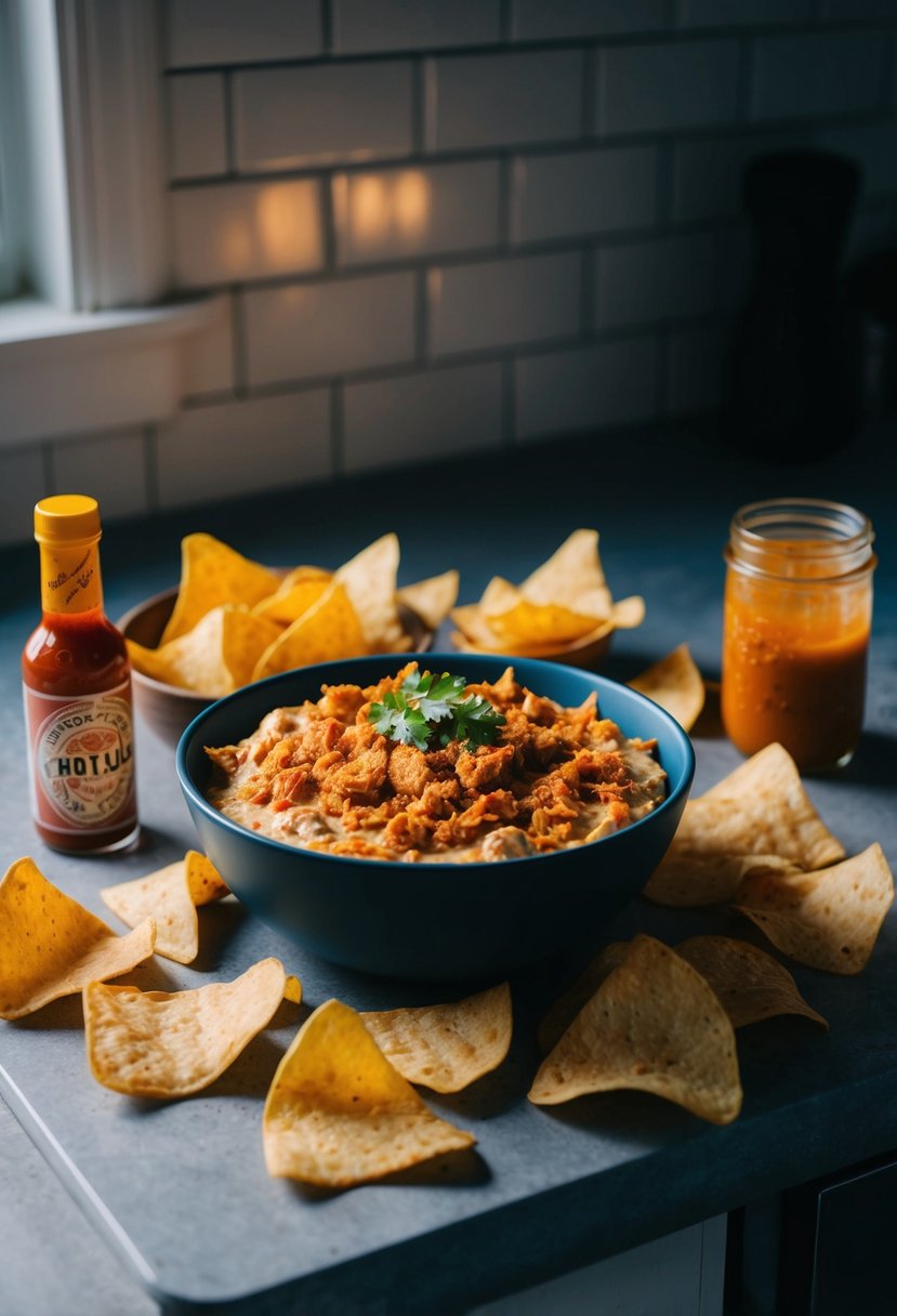 A bowl of spicy chicken dip surrounded by scattered chips and a jar of hot sauce on a dimly lit kitchen counter at 2am