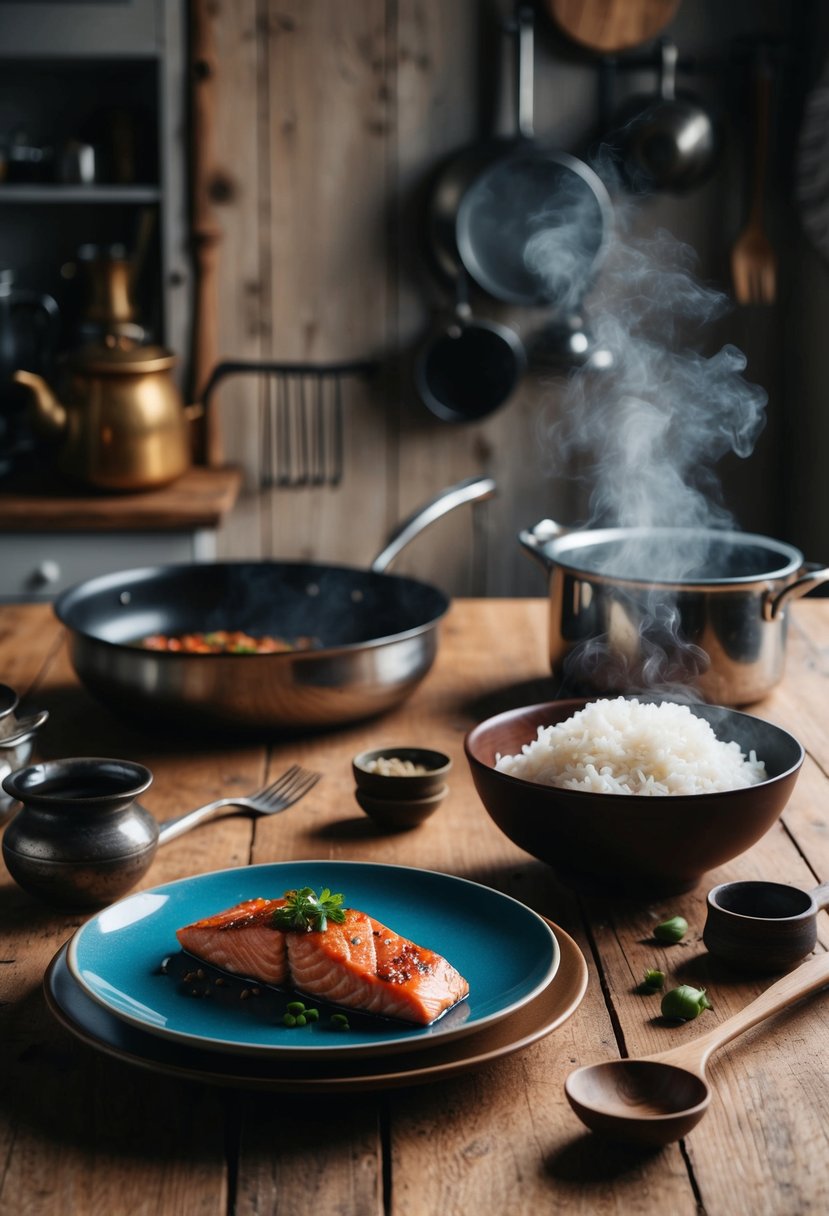 A rustic kitchen with a wooden table set with a plate of teriyaki salmon and a bowl of steaming rice, surrounded by antique cookware and utensils