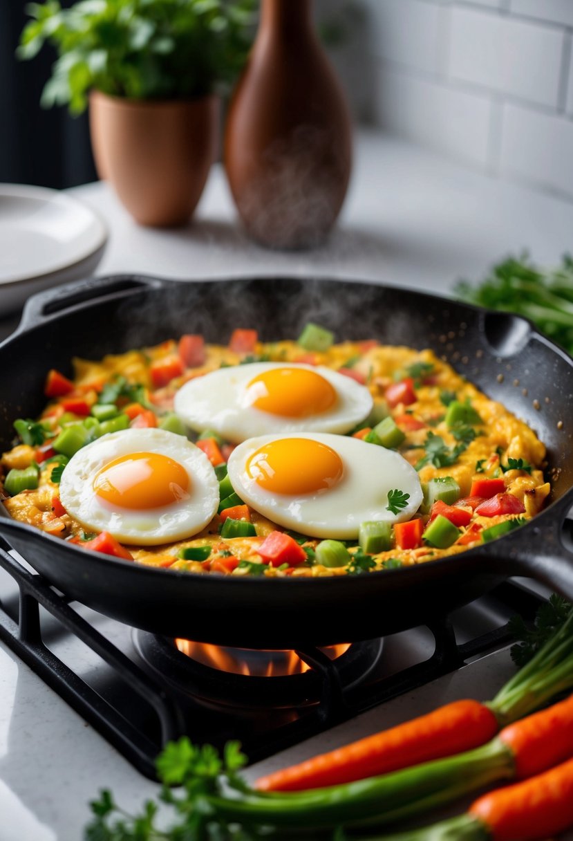 A sizzling skillet with colorful vegetables and eggs cooking for a vegetable omelette