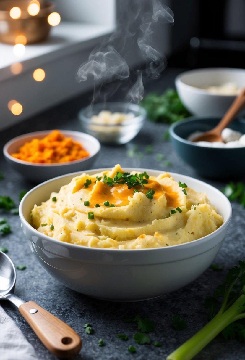 A steaming bowl of buffalo ranch mashed potatoes sits on a kitchen counter at 2am, surrounded by scattered ingredients and utensils