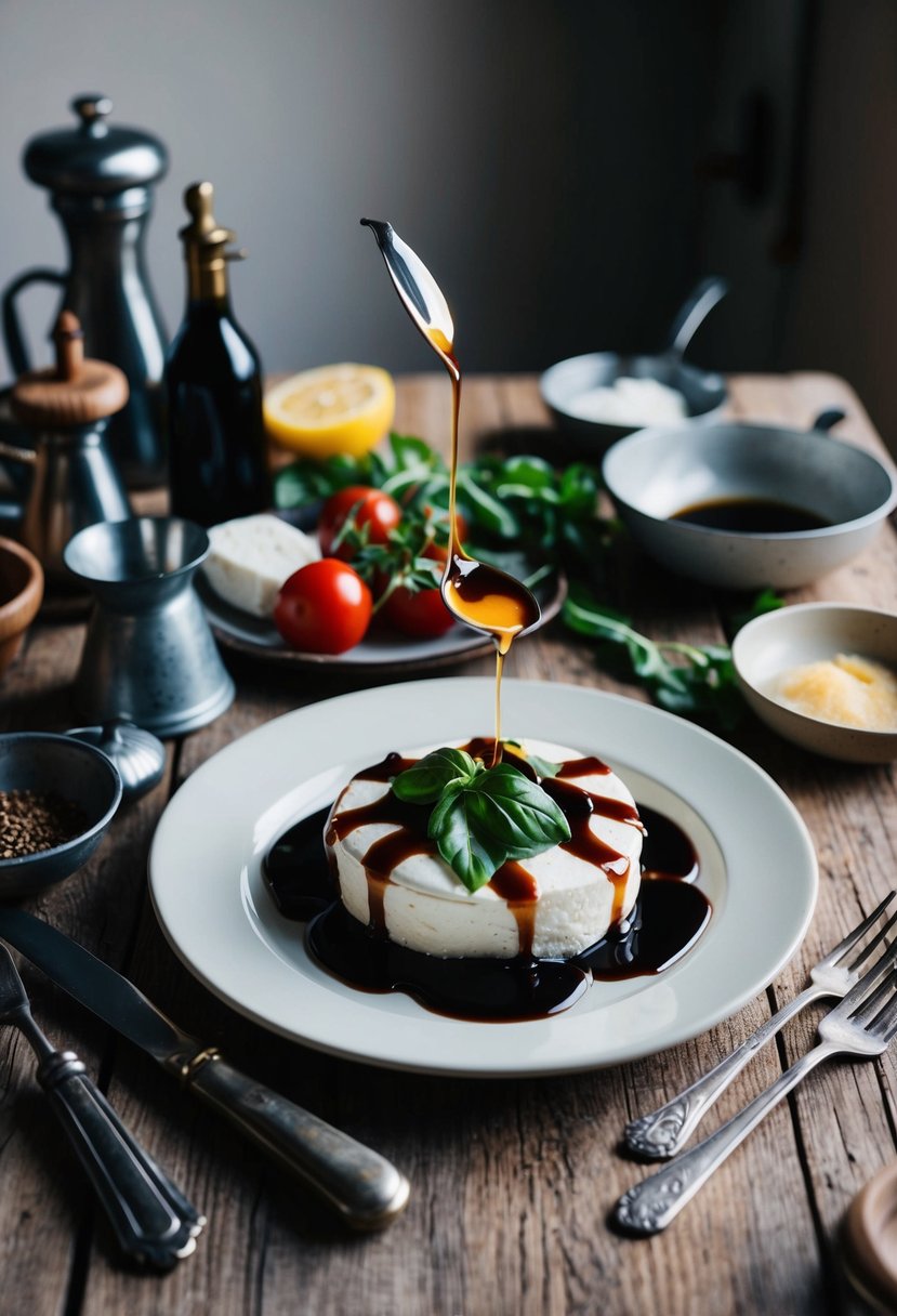 A rustic table setting with a plate of Caprese salad drizzled with balsamic reduction, surrounded by vintage kitchen utensils and ingredients