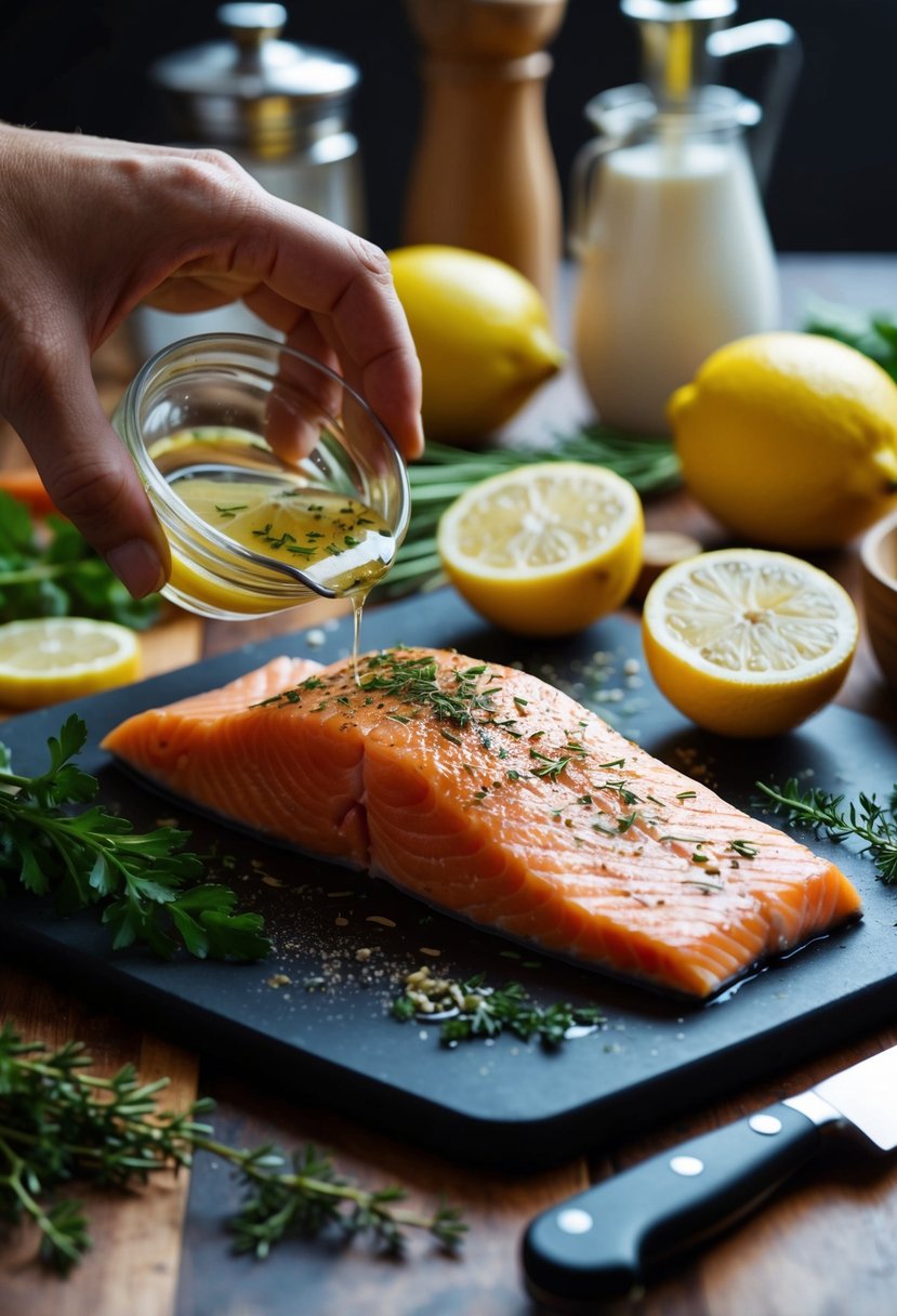 A fresh salmon fillet is being seasoned with lemon and herbs on a cutting board, surrounded by ingredients and kitchen utensils